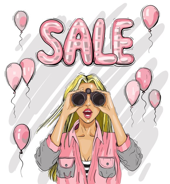 Sale Elegant glossy flying balloons lettering Surprised woman with binoculars with open mouth surprised facial expression