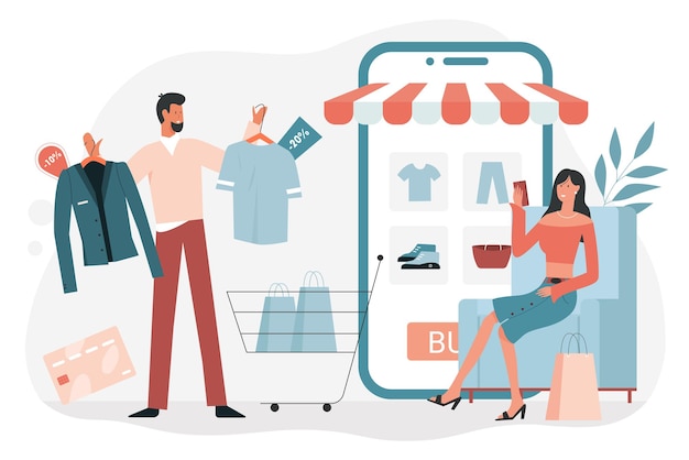 Sales in online retail shop and couple of customers man holding clothes with discount