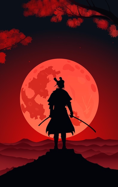 Samurai with katana flat illustration Japanese background scene