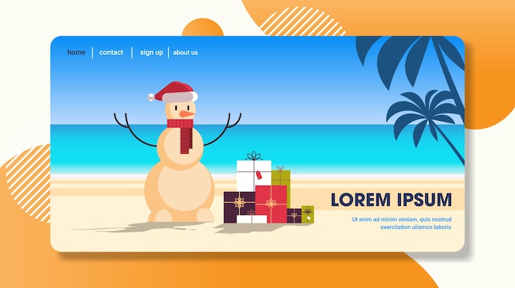 Vector sandy christmas snowman with gift present boxes happy new year vacation holiday celebration concept tropical beach seascape landing page