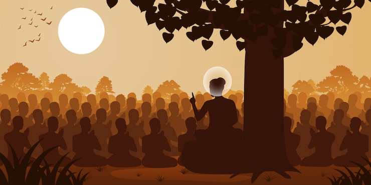 Vector sang buddha memberikan khotbah dharma kepada kerumunan biksu