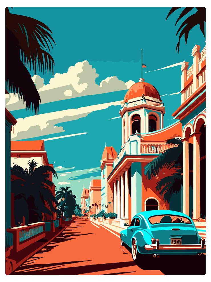 Vector santa domingo caribbean vintage travel poster souvenir postcard portrait painting wpa illustration