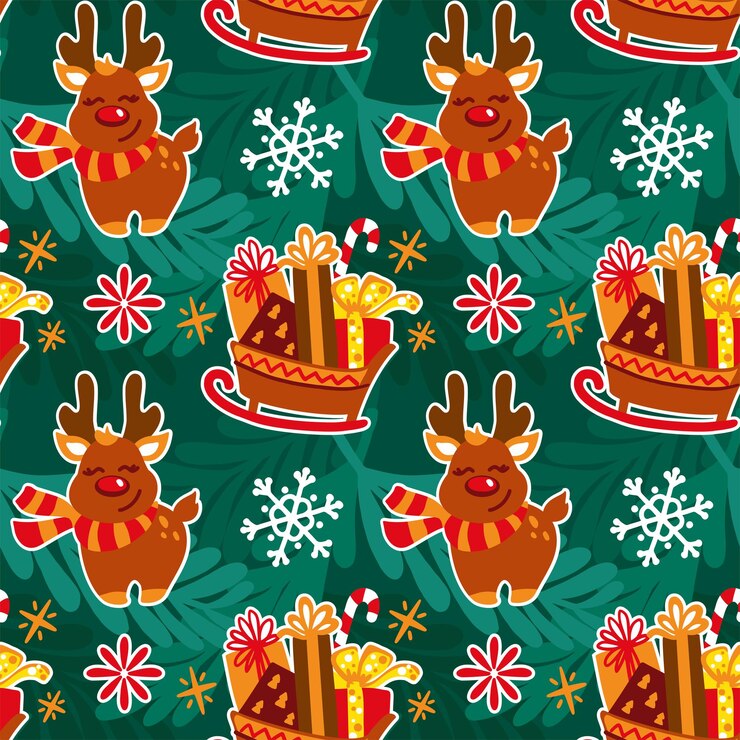 Santa's sleigh full of gifts. Cute deer. Christmas print. Seamless pattern.