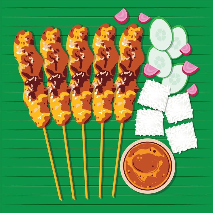 Vector satay or sate is a dish of seasoned skewered and grilled meat served with a sauce