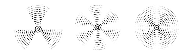 Vector satu set cincin gelombang suara hitam dari garis dan titik yang terputus. cincin dengan garis radial. ikon target titik pusat. lingkaran pusaran konsentris. ilustrasi vektor