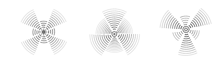 Vector satu set cincin gelombang suara hitam dari garis dan titik yang terputus. cincin dengan garis radial. ikon target titik pusat. lingkaran pusaran konsentris. ilustrasi vektor