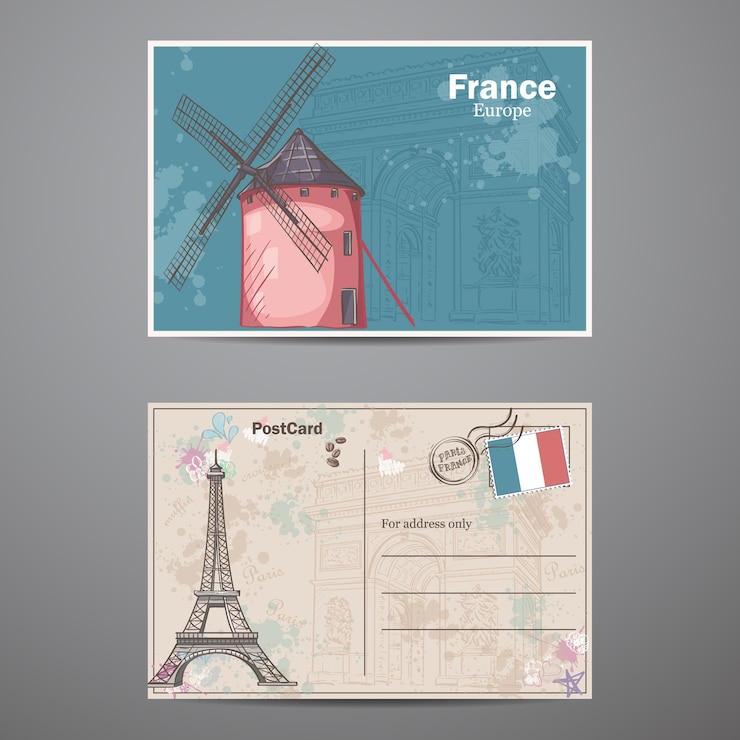 Vector satu set dua sisi kartu pos dengan tema paris di prancis. kartu pos 2