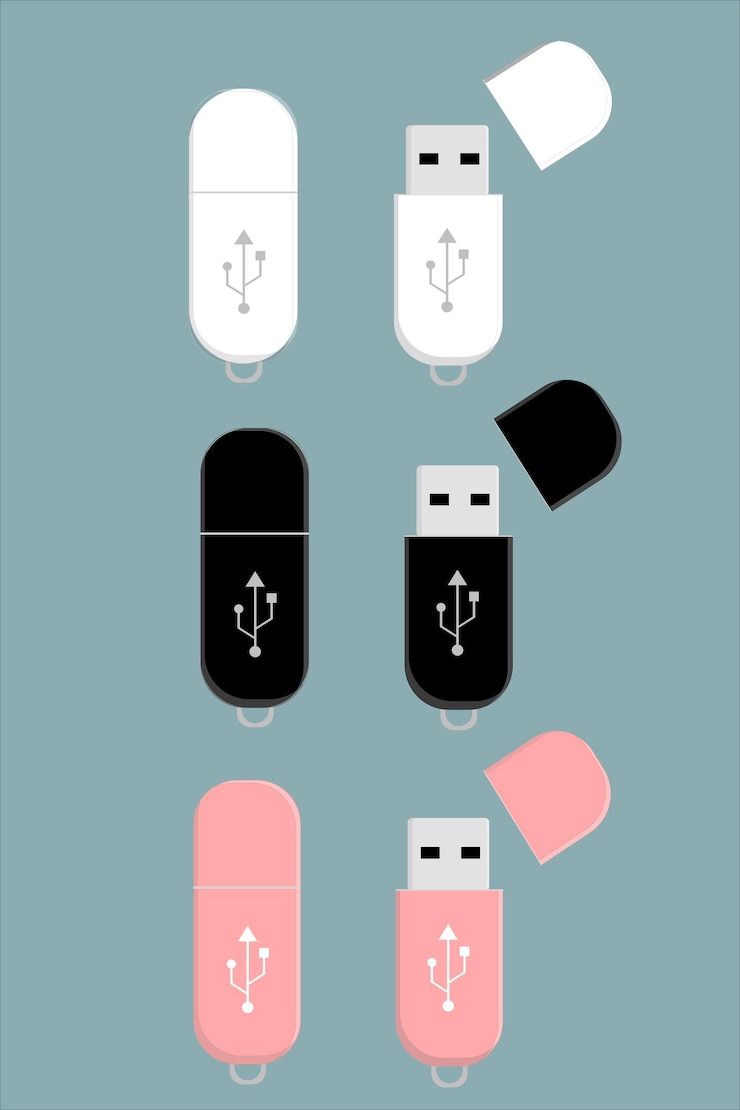 Vector satu set flash drive usb putih, hitam, dan merah muda