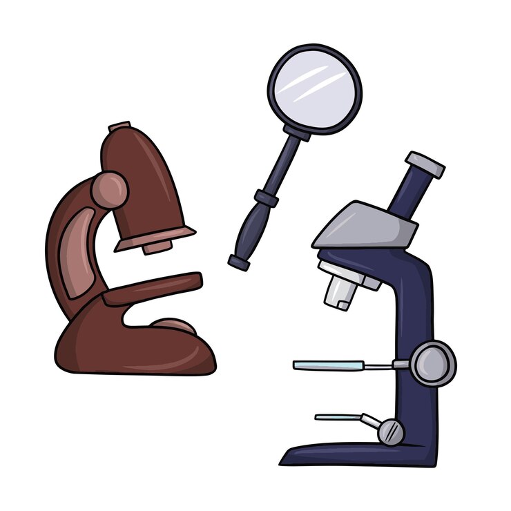 Vector satu set gambar alat pembesar untuk studi laboratorium mikroskop dan kaca pembesar vektor