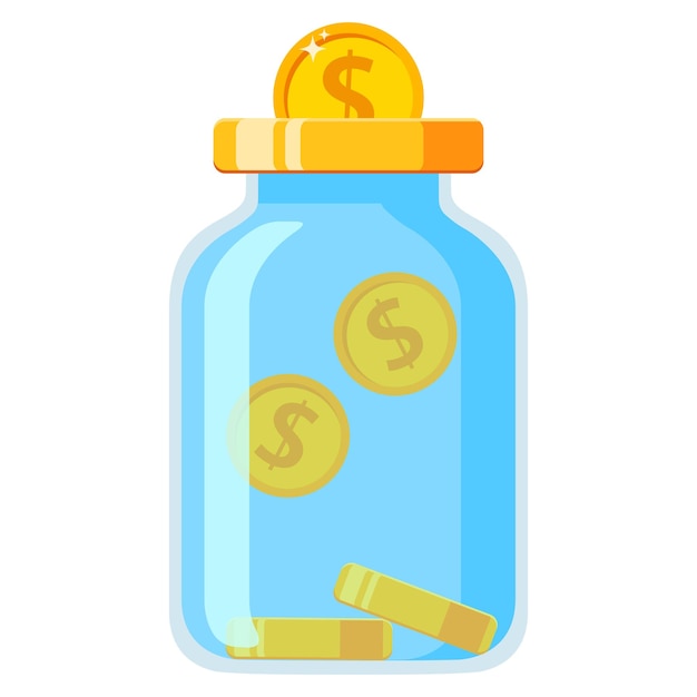Save money in glass jar Gold coins fall in moneybox