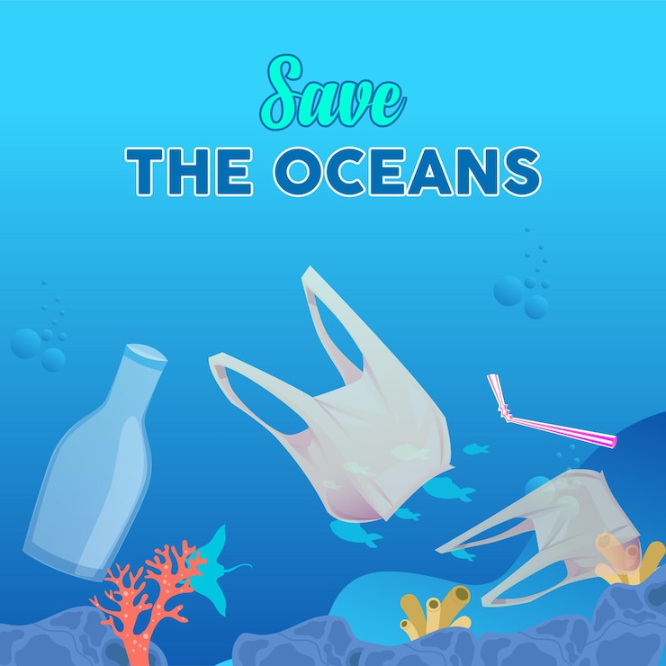 Vector save ocean from plastic waste world ocean day colored vector illustration