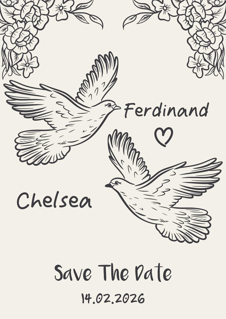 Save the Date Card with HandDrawn Doves and Floral Decoration