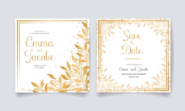 Save the date, wedding invitation card with golden leaves and branches.