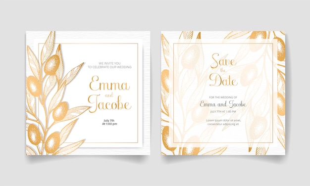 Save the date, wedding invitation card with golden olives, leaves and branches.