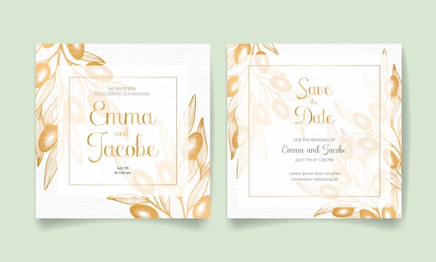 Save the date, wedding invitation card with golden olives, leaves and branches.
