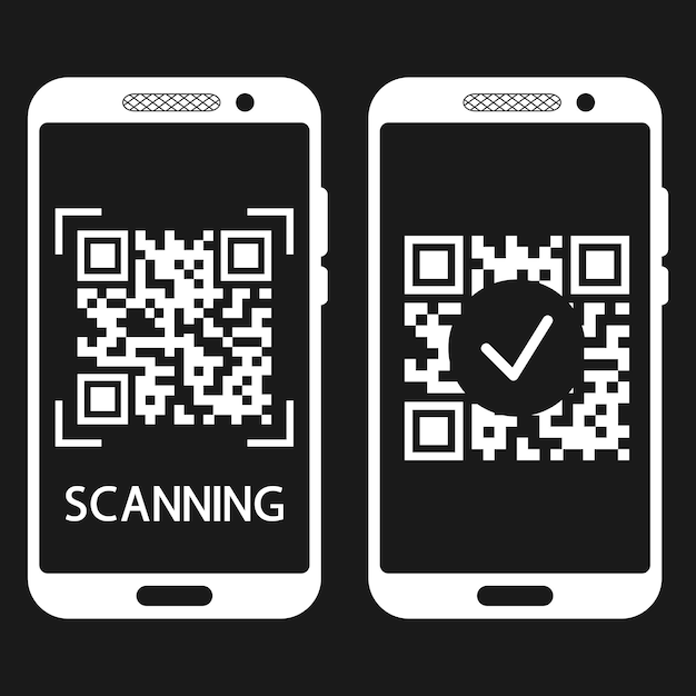 Scan QR code with mobile phone. QR code scans completed. Machine-readable barcode on smartphone screen. Verification or payment concept. Vector illustration isolated on black background