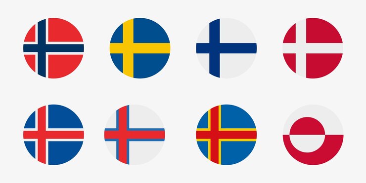 Vector scandinavian countries flag vector icon set. nordic europe flags in a circle shape. norway, sweden, finland, denmark, iceland, faroe islands, aland islands, greenland.