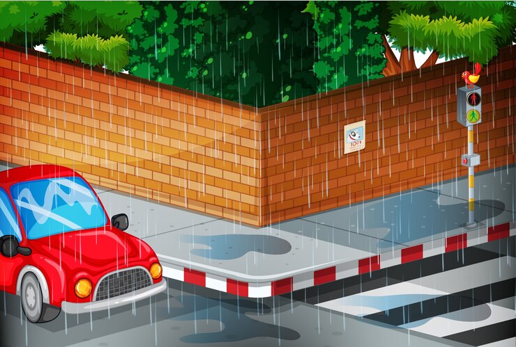 Vector scene with street in the rain