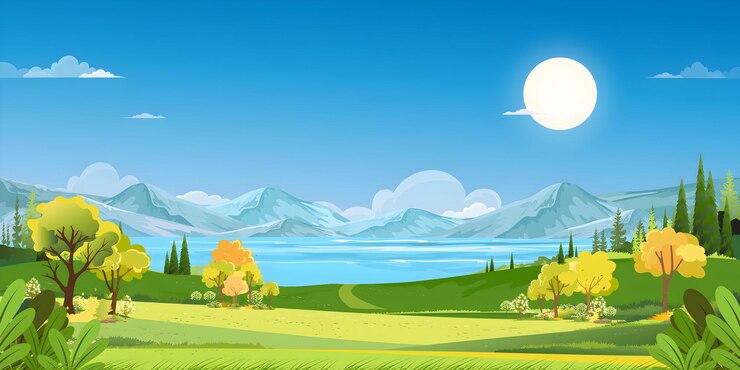 Vector scenic landscape with mountains lake and trees under a bright sun