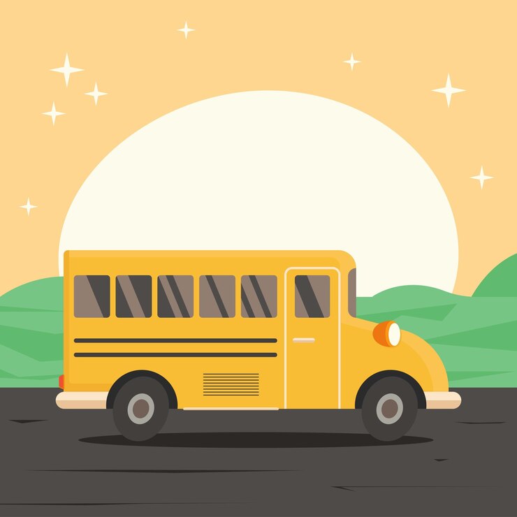 Vector school bus on road with landscape