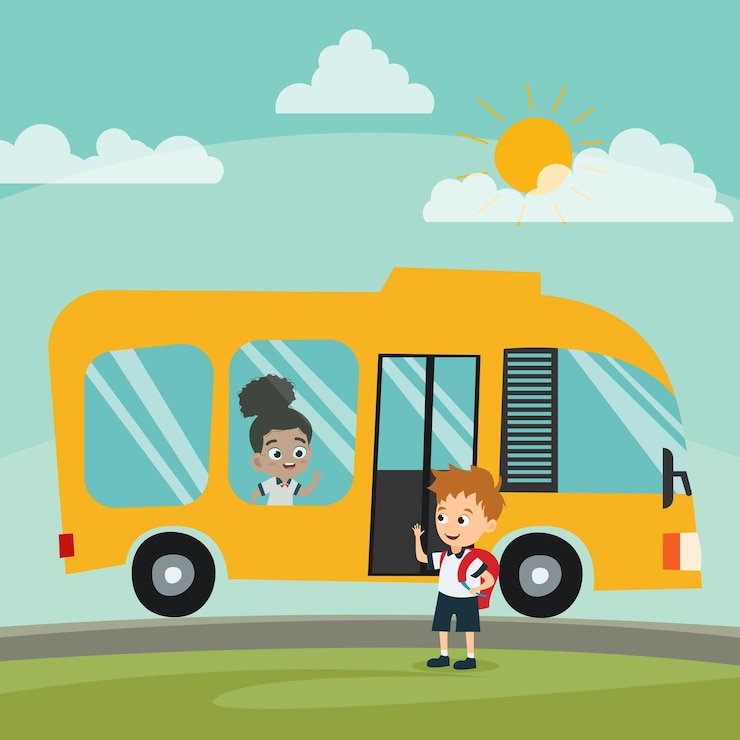 Vector school bus transport with inside and outside kids