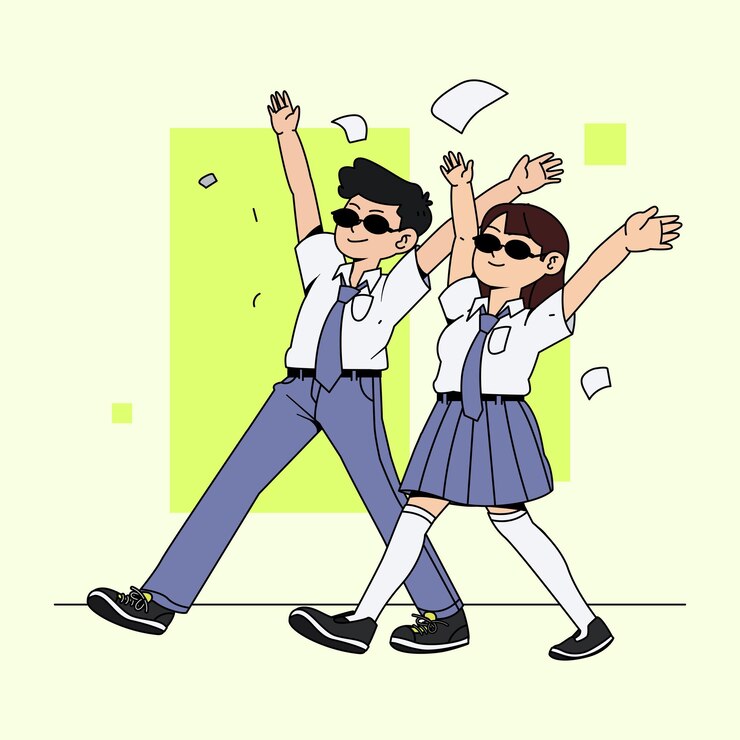 School girl and boy walking happily