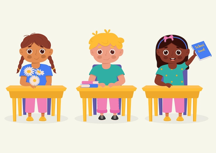 School kids with school supplies sitting at a school desk Kids with backpacks and books