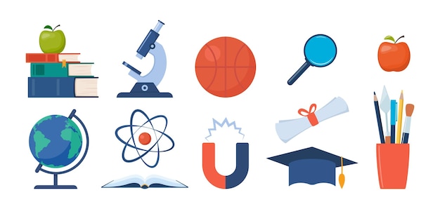School science and education icons Microscope atom books magnet globe basketball