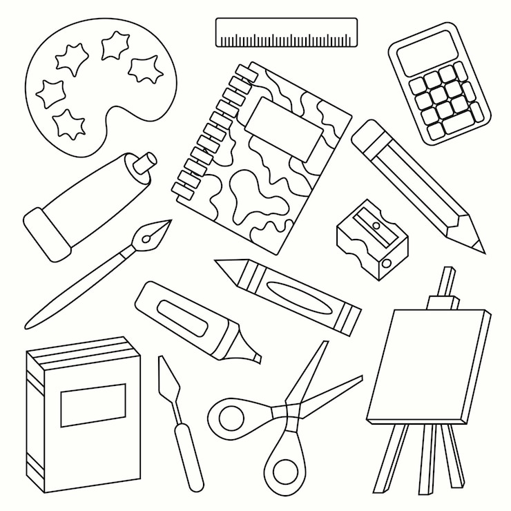 Vector school supplies stationery notebooks books easel pens markers in sketch style