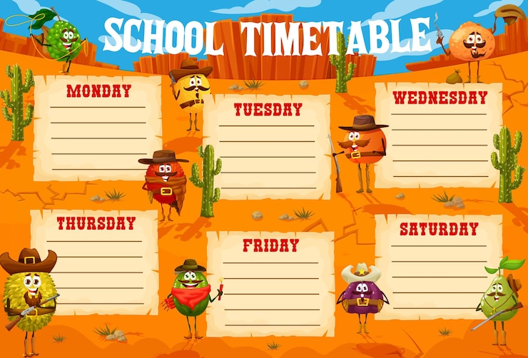 Vector school timetable schedule with cowboy fruits