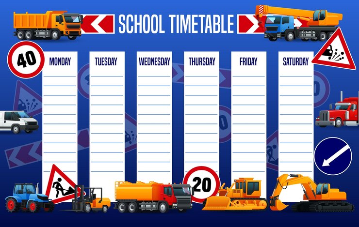 Vector school timetable schedule with heavy vehicles