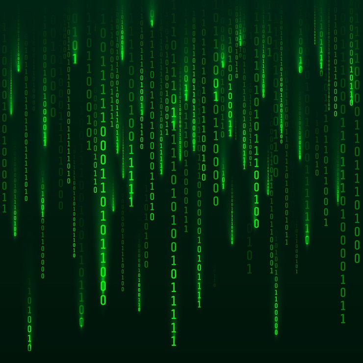 Vector sci-fi background. binary computer code. green digital numbers. matrix of binary numbers. futuristic hacker abstraction backdrop. random numbers falling on the dark background.  
