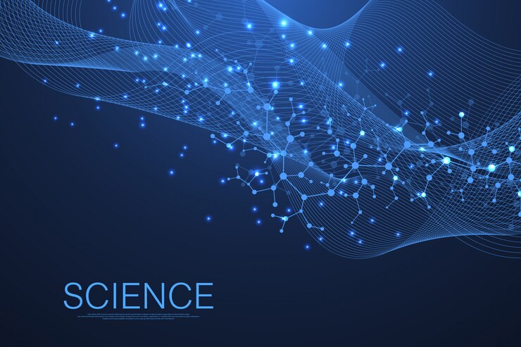 Science template wallpaper or banner with a DNA molecules. Wave flow.
