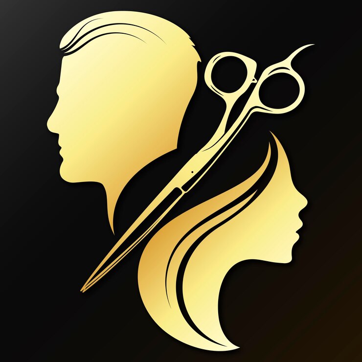 Scissors male and female head golden silhouette