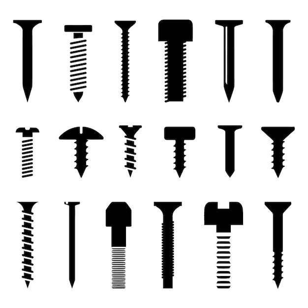 Screw tools bolt and nail nut silhouettes collection in black