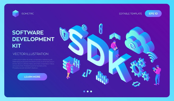 Vector sdk. software development kit programming language technology . 3d isometric  with icons and characters.