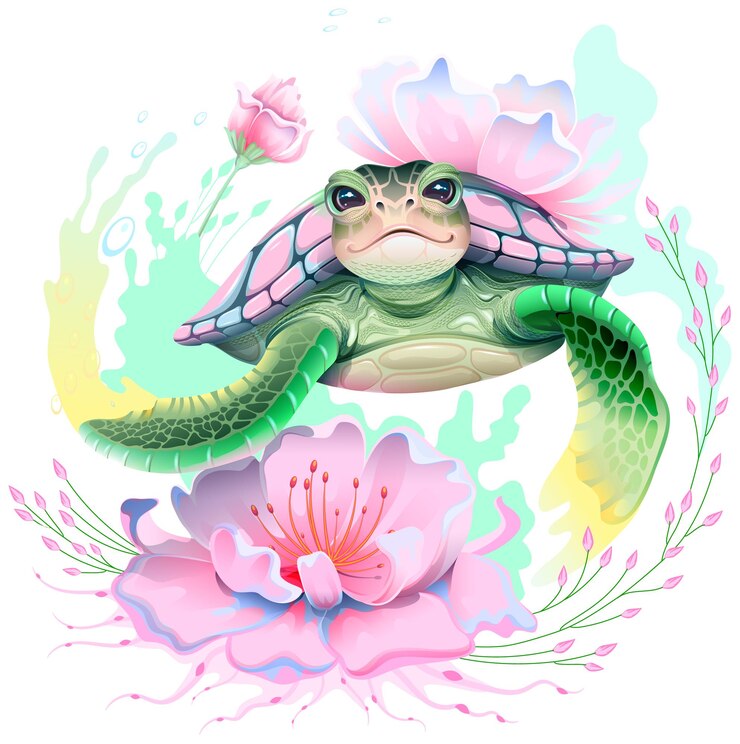 Sea turtle swim and exotic tropical flower Tropical underwater paradise