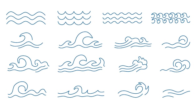 Sea wave Doodle ocean curl waves Vector marine outline sketch