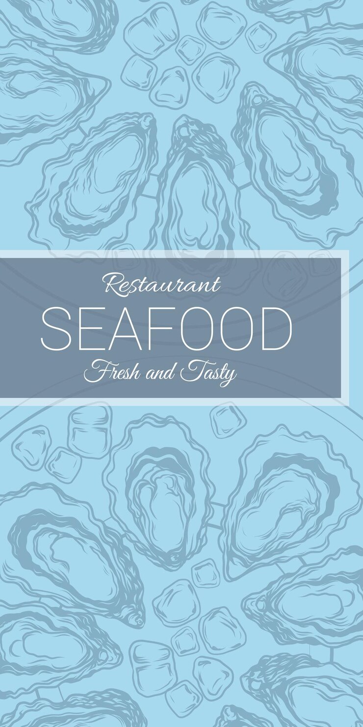Seafood bar restaurant menu cover card design template with fresh oysters for farm or fish market