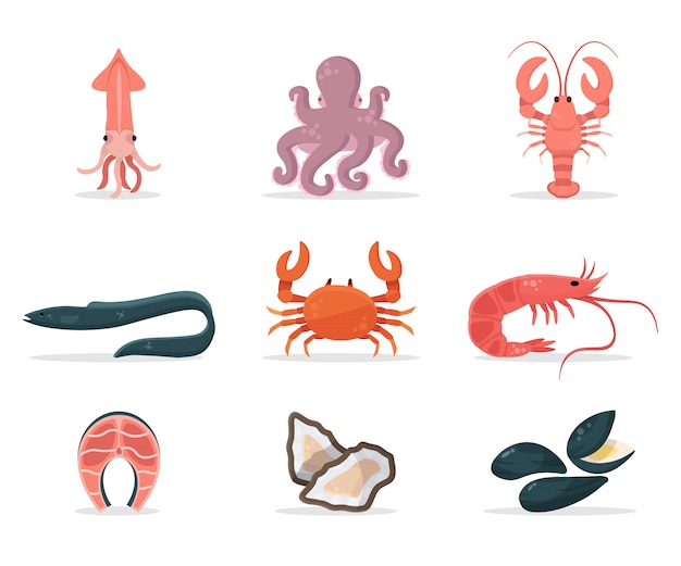 Seafood  illustration set, healthy fresh food icons collection, eco meal delicious items pack. Salmon, octopus , crab, shrimp, oyster, eel color drawings.