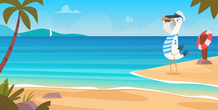 Vector seagull on beach bird sailor on seaside standing flying near sand coast ocean landscape blue water and sky exact vector cartoon background