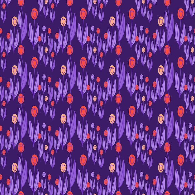 Seamless abstract pattern hand drawn style Lilac red flowers Tulip floral print vector