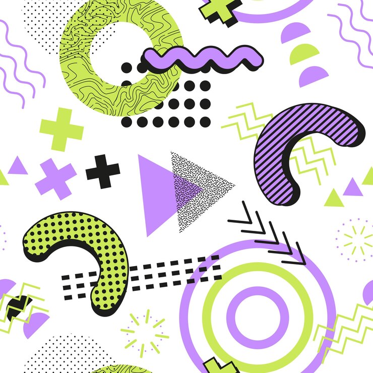 Vector seamless abstract pattern. memphis elements texture. green and purple colors.