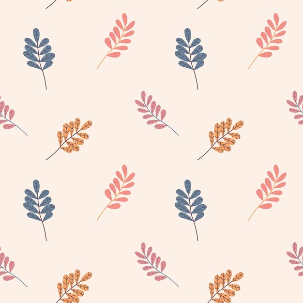 Seamless autumn pattern of ashberry leaves on a beige background in warm palette.
