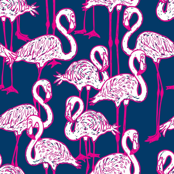Vector seamless background of pink cartoon flamingos