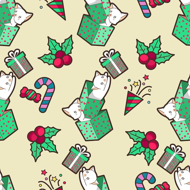 Seamless cats and Christmas gift pattern