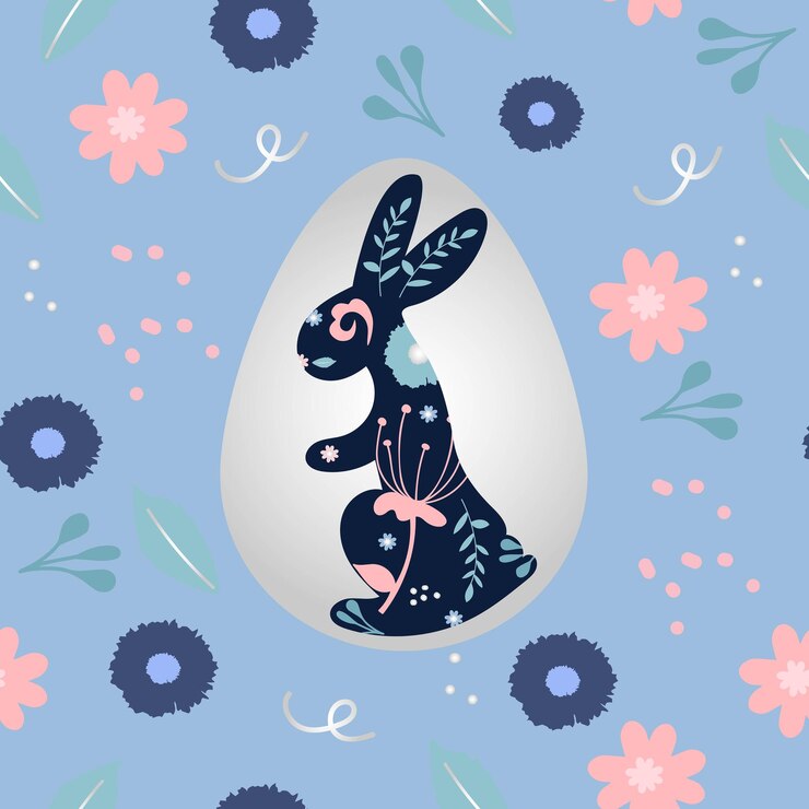 Vector seamless easter pattern with bunny eggs and flowers cute hand drawn easter doodle background
