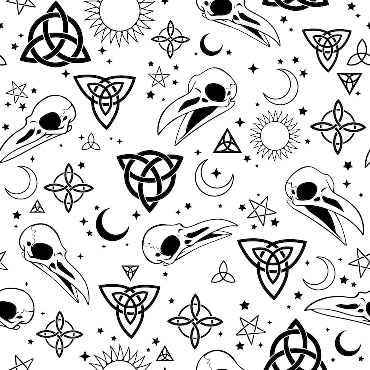 Vector seamless illustration with bird skulls and scandinavian patterns