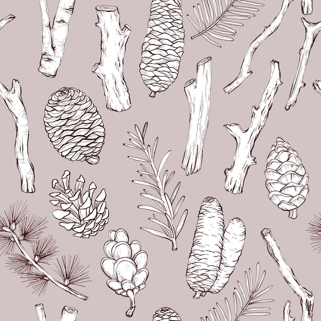 Seamless monochrome pattern with forest branches and cones