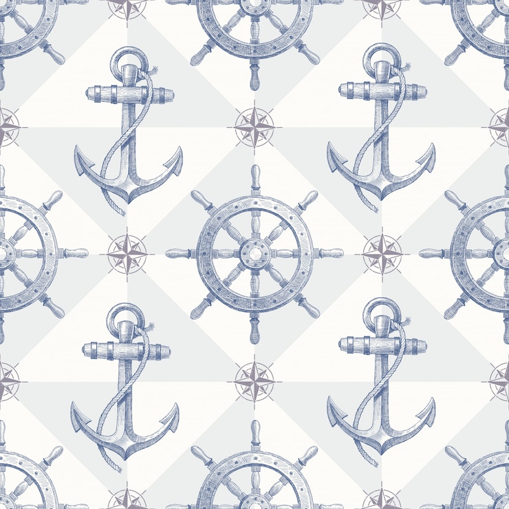 Vector seamless nautical pattern with hand drawn elements - ship steering wheel and anchor